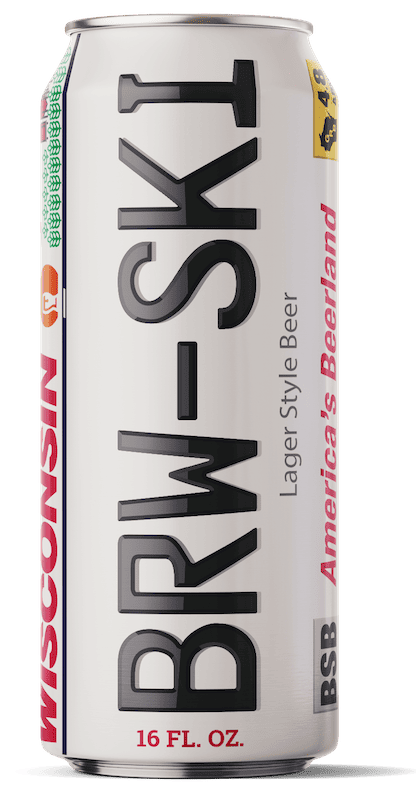 A 16 fl. oz. can of BRW-SKI Lager Style Beer with bold black text, "WISCONSIN" in red, and "America's Beerland" in pink on a white background.